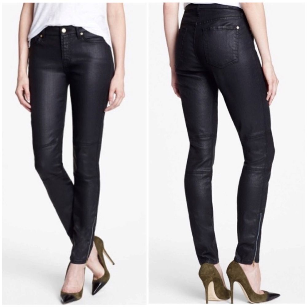 7 For All Mankind Wax Coated Skinny Moto Zip Ankle Jeans Size 27